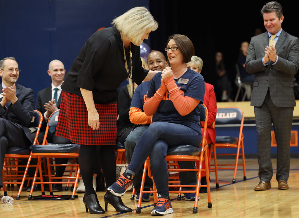 Teresa Parson congratulates Melissa Fike